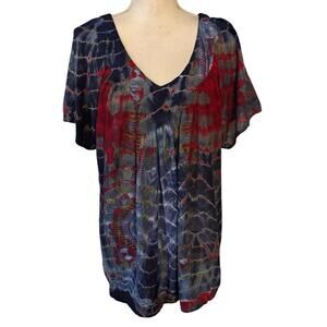 Greater Good Size XL V Neck Flowy Blouse Boho Indie Tie Dye Multicolor Print